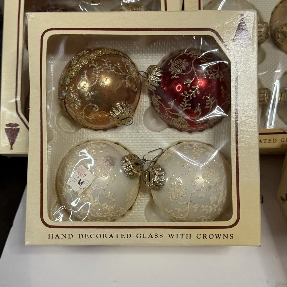20 Vintage Christmas by Krebs Glass Ornaments Red Gold Cream Glitter Floral Lot